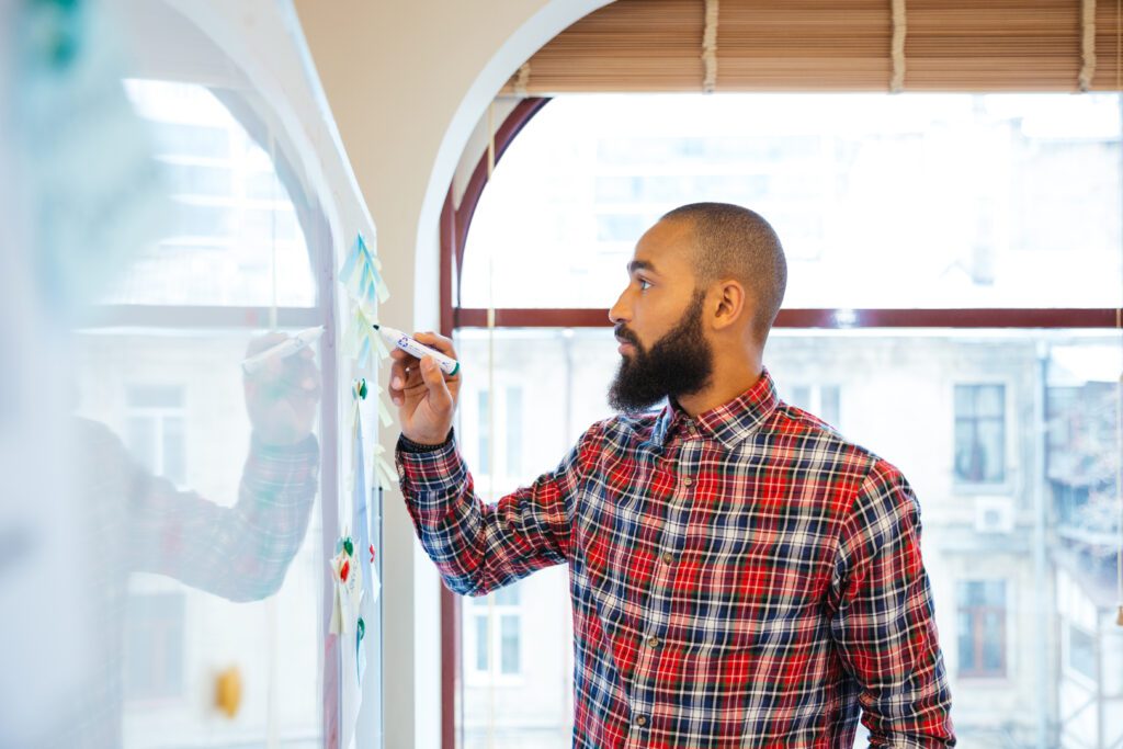 Change Perception, setting goals, Profile of handsome african man with beard standing and writing on whiteboard