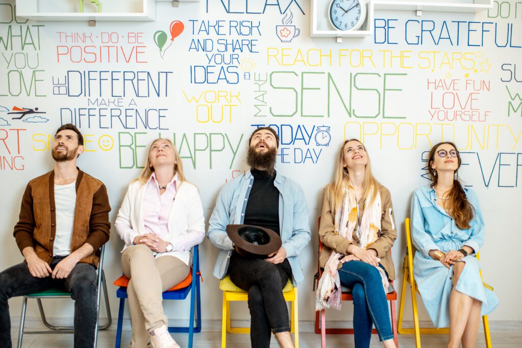 Change Perception, growth mindset, Group of diverse people on the white wall background